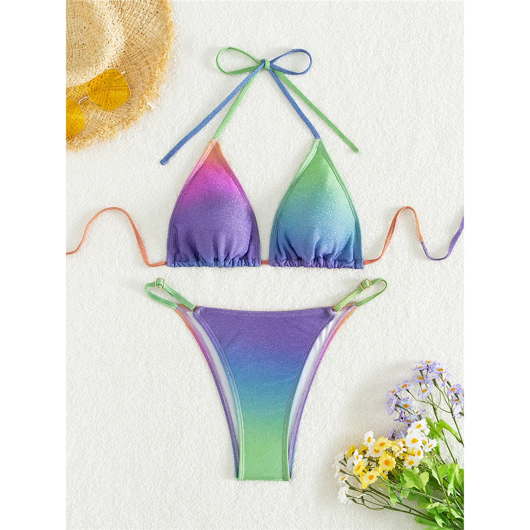 XS - L Bunter, glänzender Bikini mit hohem Beinausschnitt, Damen-Badebekleidung, zweiteiliger Bikini-Set, Badeanzug, Badebekleidung, Schwimmbekleidung V5393 – Detail 10