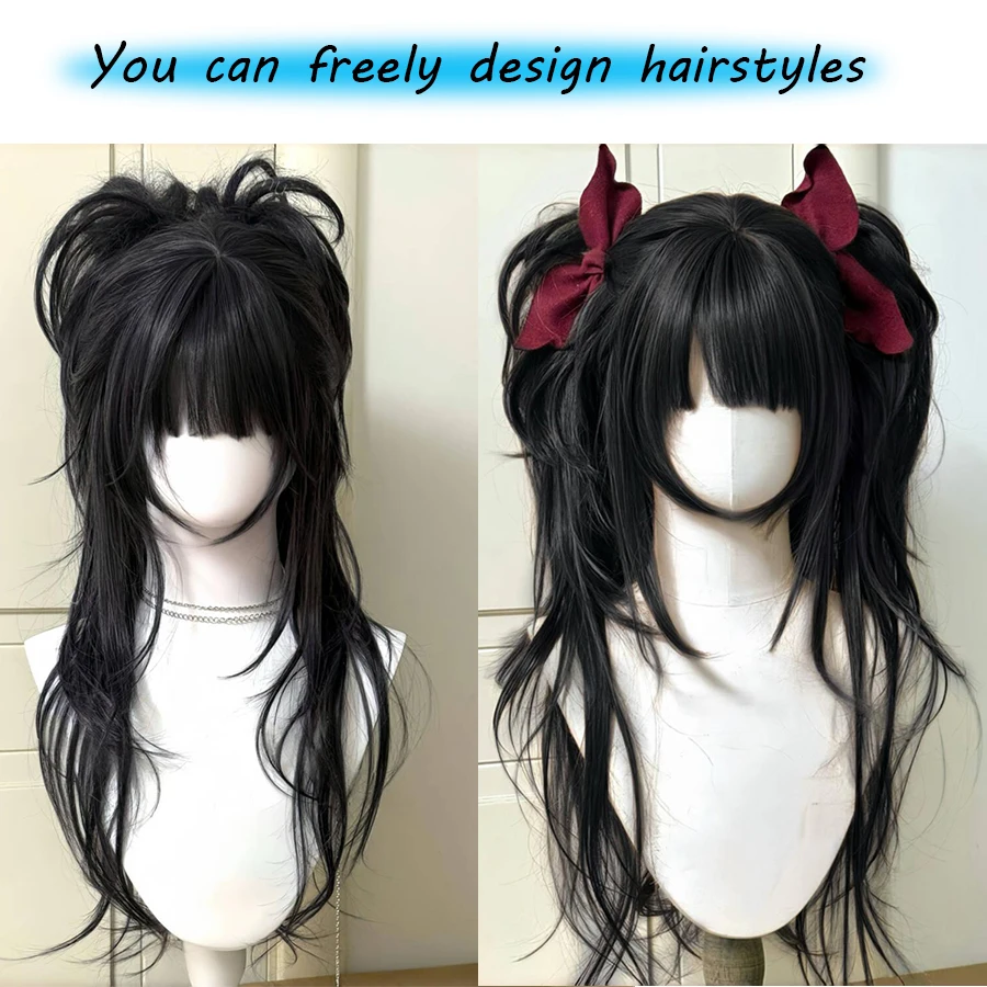 Synthetic Long Curly Wavy Lolita Wig with Bangs Double ponytail Wig Girl Cute Blonde Cosplay Party Halloween Christmas Wig