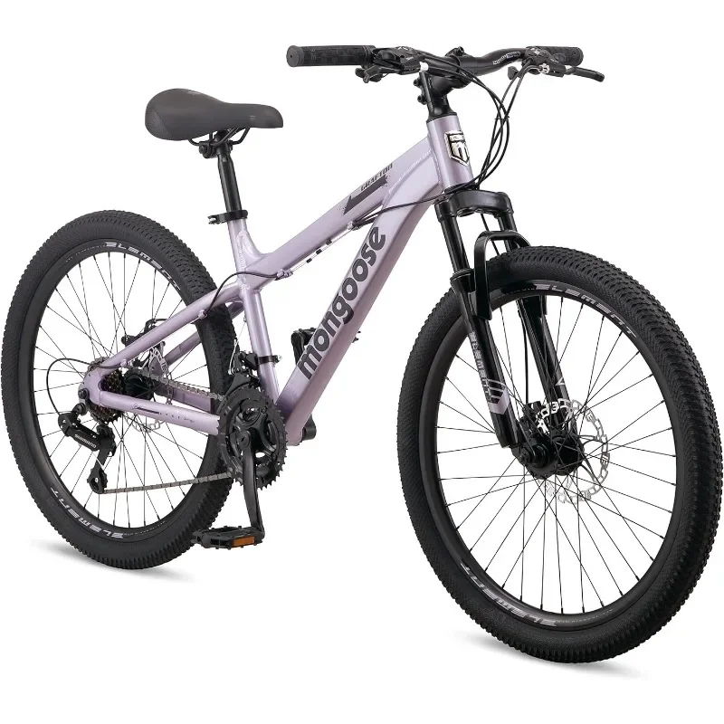 

Boys and Girls Mountain Bike, Hardtail, 21-Speed Drivetrain, 14.5-Inch Aluminum Frame Hardtail frame with suspension fork