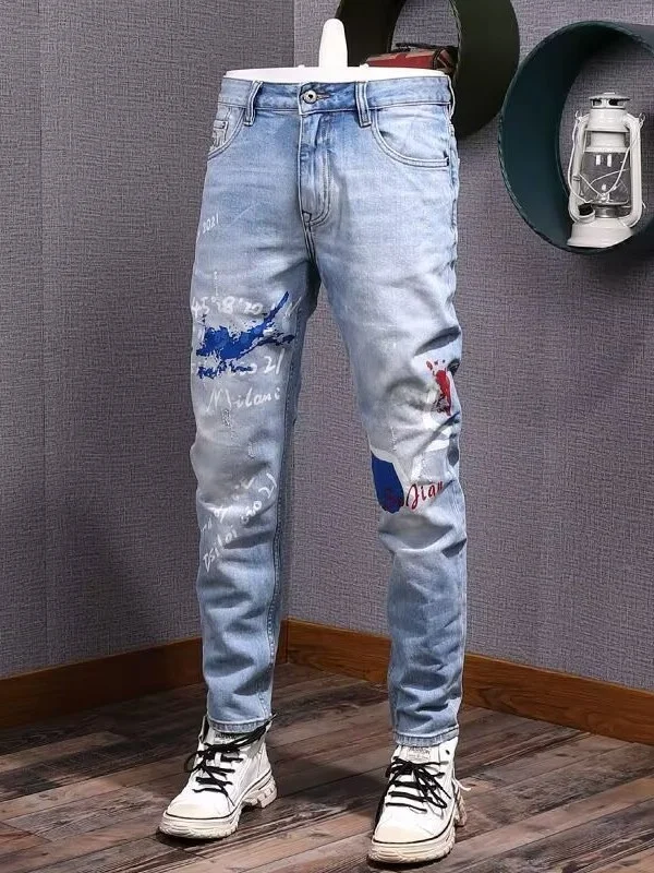 

Spring Autumn Men's Slim Fit Jeans Elastic Trendy Faion Brand American Long Pants Printed Stretchy Comfortable Youthful Wear
