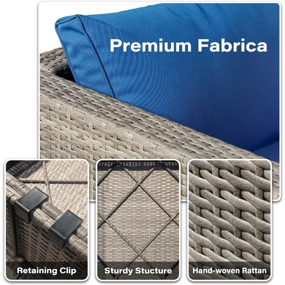 Set di mobili da giardino in rattan grigio da 7 pezzi, inclusi cuscini e tavolino da caffè in vetro temperato; Set divano modulare da esterno