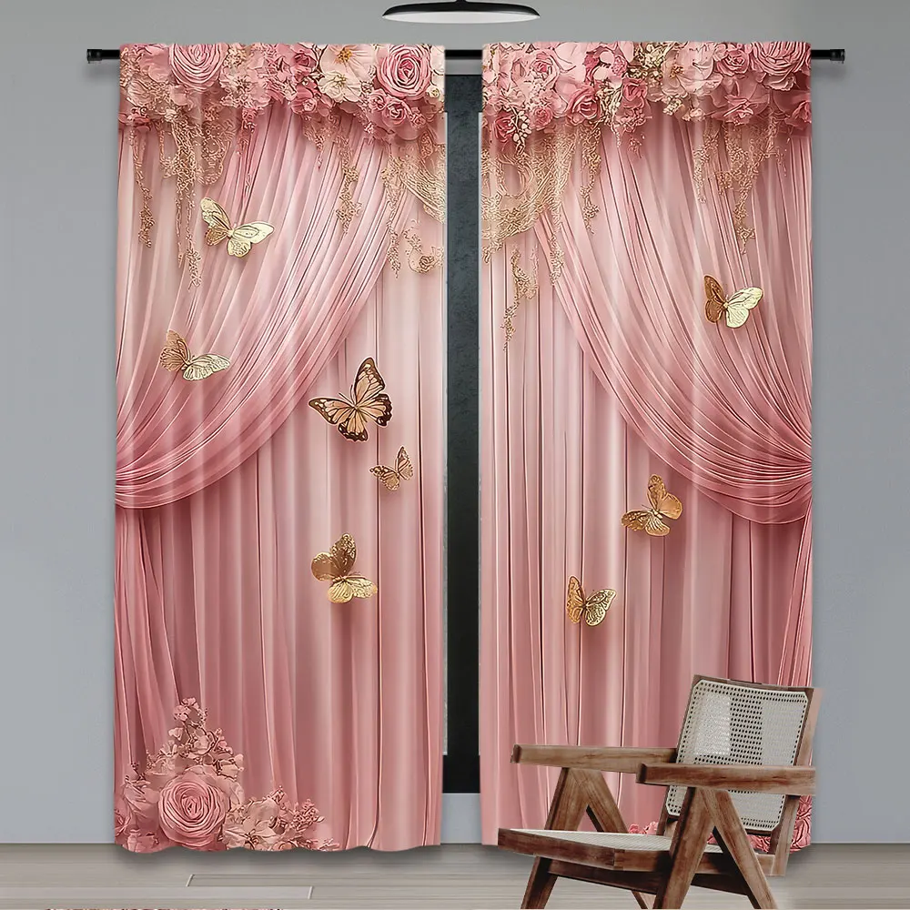 2Pcs Pink Floral Rose Gold Butterfly Curtains Funny Cute Princess Style Curtains For Living Room Bedroom Decor