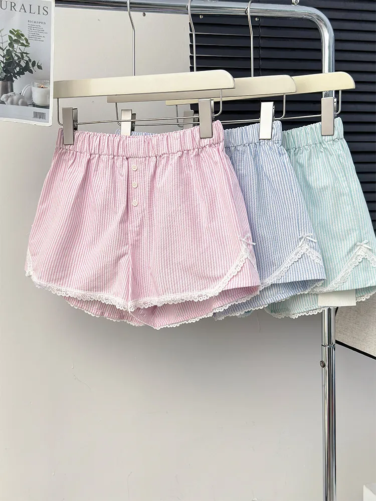 Pure desire style sweet and spicy girl casual shorts women in summer new lace trim contrasting color striped wide leg pants
