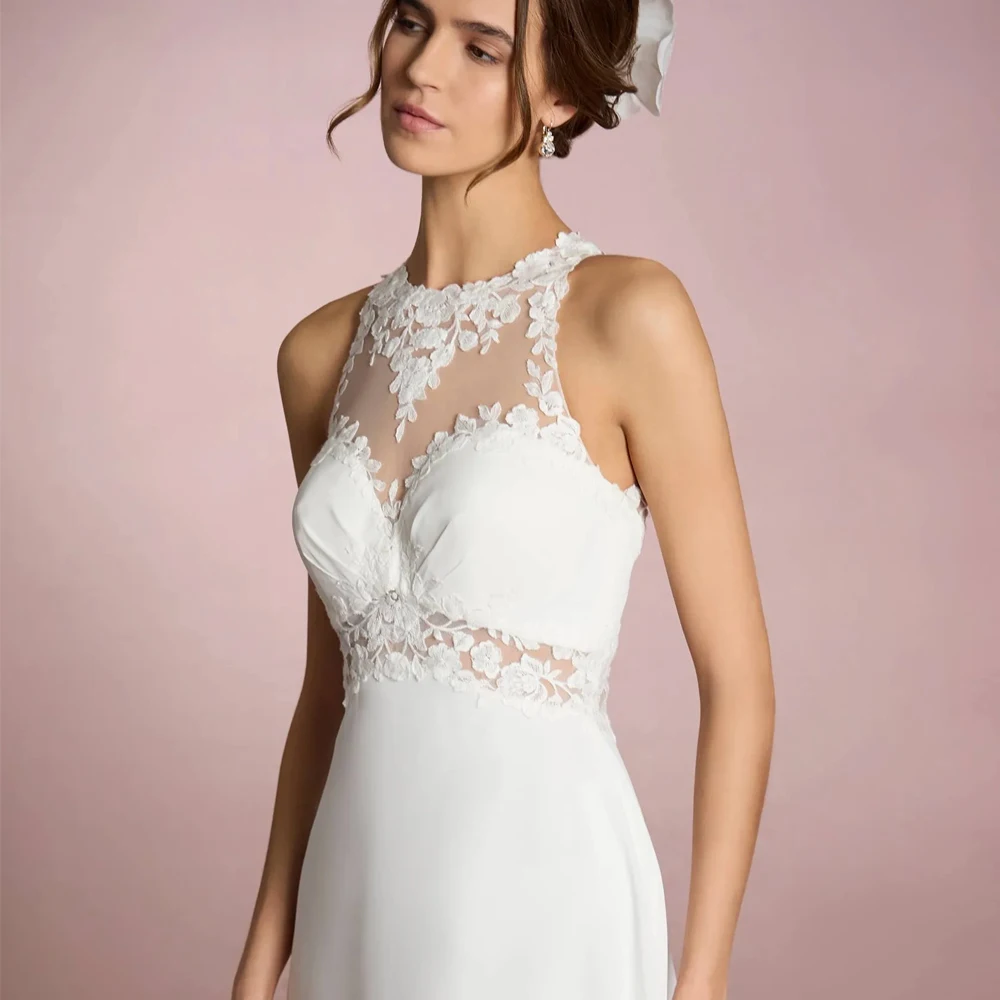 Fashion O Neck Sleeveless Wedding Dresses Applique Lace Bridal Grown Illusion Back Customized Floor Length New Vestidos De Novia