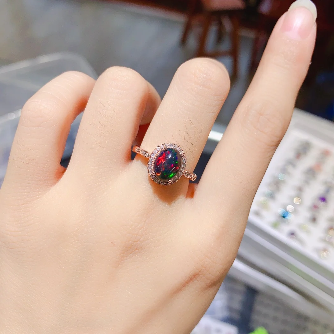 Natural Black Opal Ring, 925 Silver Certified, 7x9mm Burst Flash Fire Colored Gemstone, Pretty Girl gift, free shipping