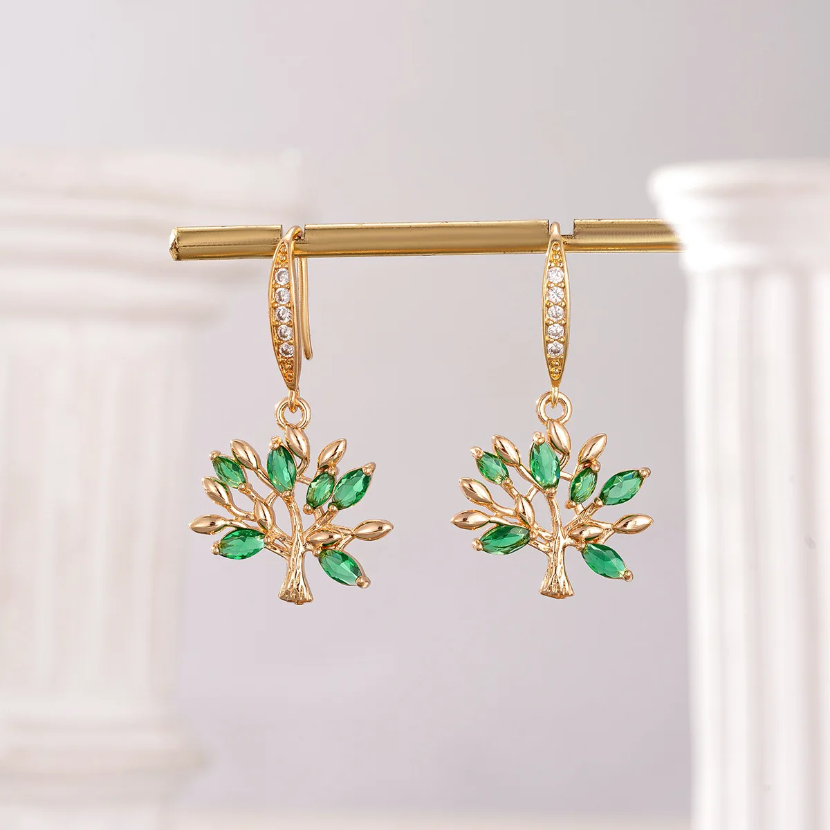 Natural Tree Design Yellow Gold Color Women's Drop Earring Luxury Style Red/green Zircon Jewelrys Birthday New Year Gifts