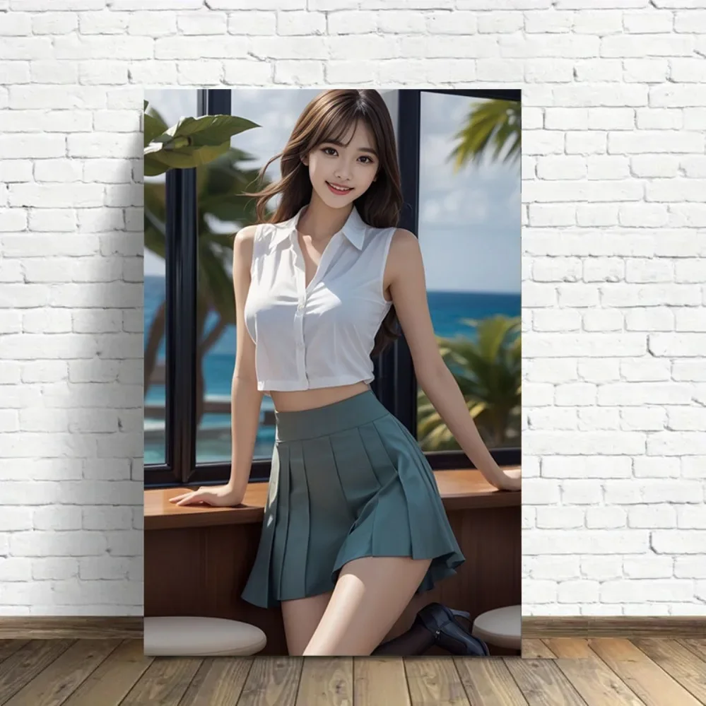 2D Metal Tin Sign Vintage Sleeveless Crop Top Pleated Skirt Seaside Window Girl Wall Decor for Cafe Bedroom Bar