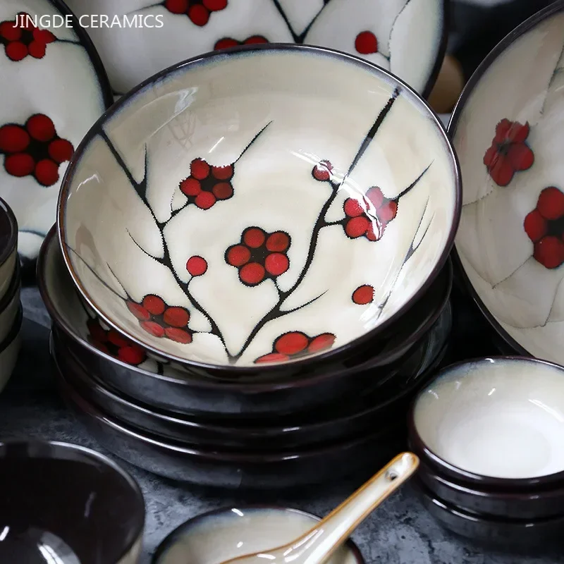 Japanese Ceramic Tableware Household Hand-painted Plum Blossom Ceramic Plate Rice Bowl Home Dinner Plates Kitchen Accessories