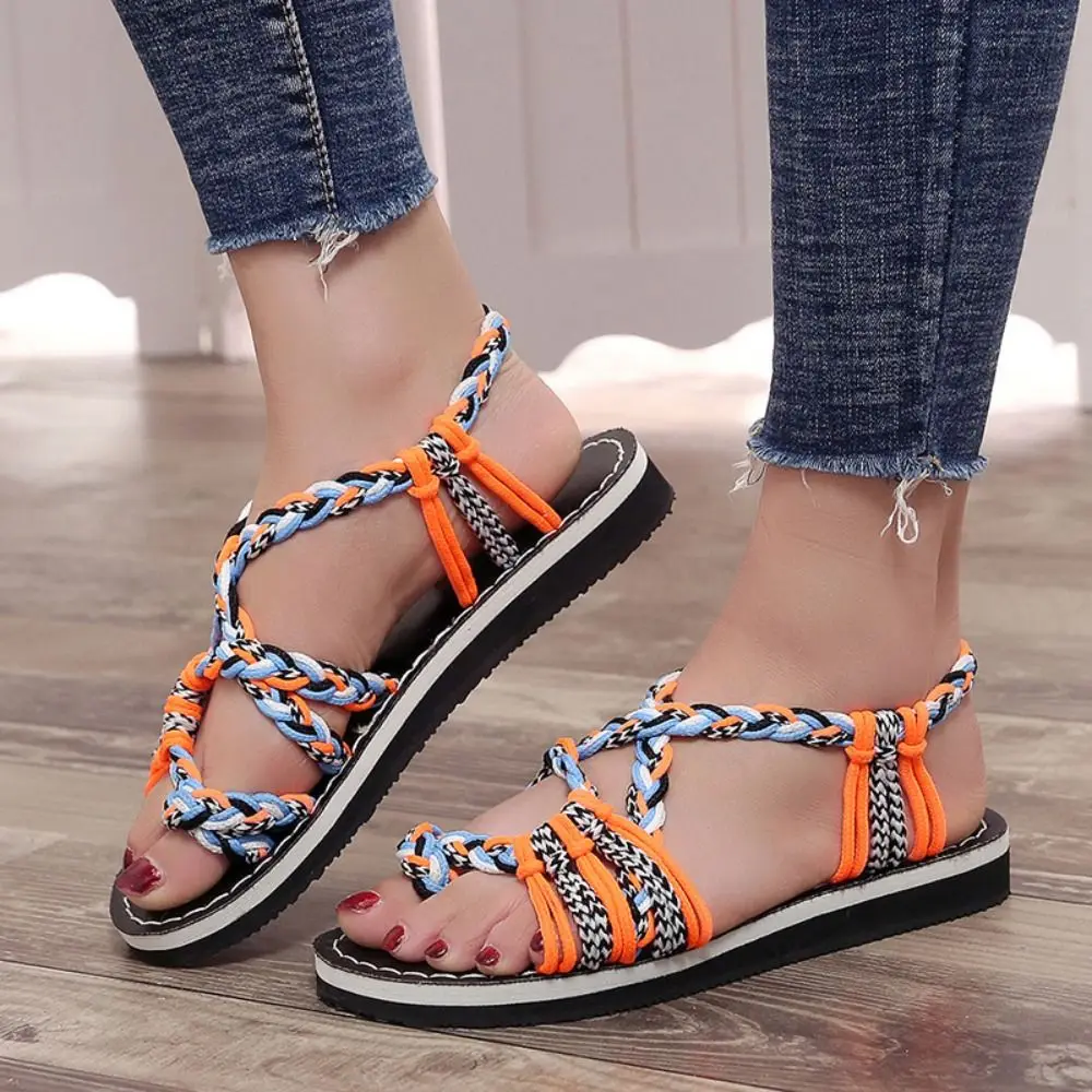 Fashion Mixed Colors Woman Beach Sandals Plus Size Flat Roman Sandals Rope Knot Casual Open Toe Shoes Girls