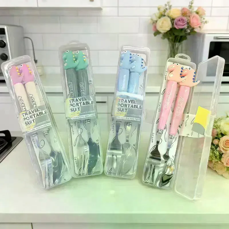 Cute Cartoon Dinosaur Stainless Steel Spoon Fork Child Tableware Set With Box Kitchen Supplies For Dining Camping Accessory 2Pcs