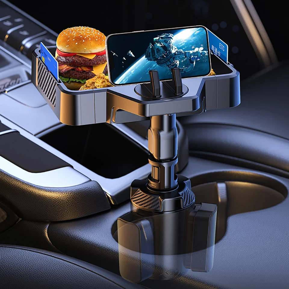 HKZA Car Cup Phone Holder with Attachable Tray 360 Rotation Auto Tray Table Phone Slot Car Food Table for Cup Holders Expander