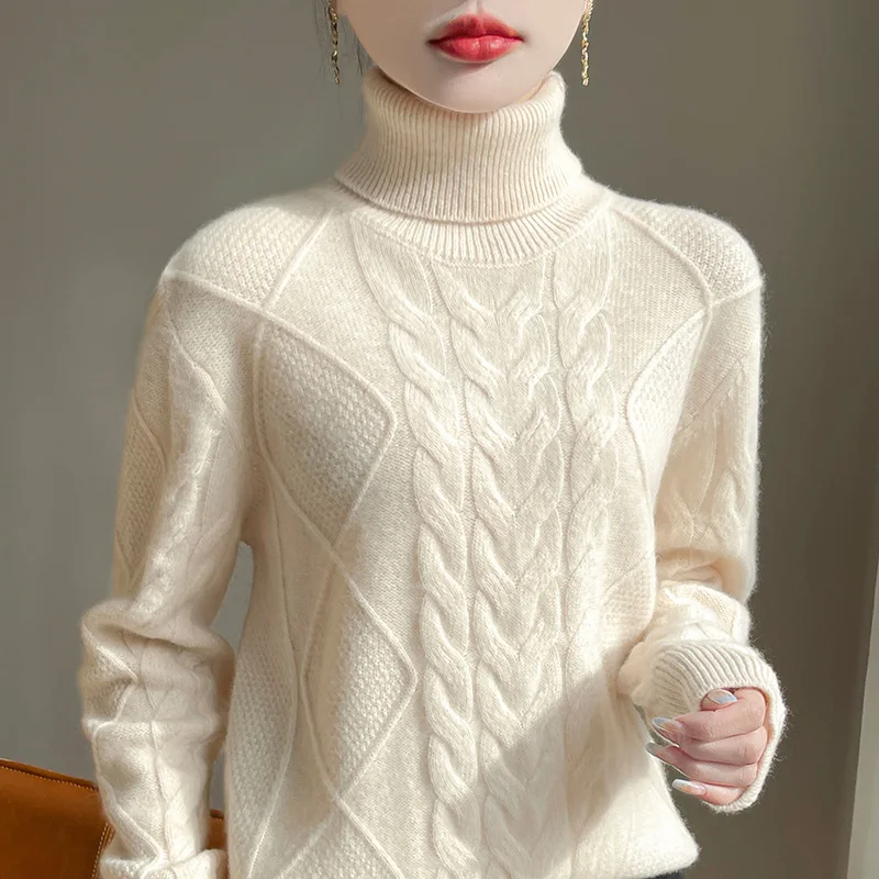 

Свитер из 100% мериносовой шерсти, женский пуловер с воротником, вязаная толстая одежда, повседневный модный джемпер, осенне-зимний женский мягкий топ