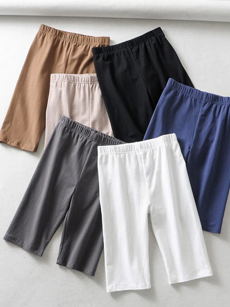 Sexy Women Cotton High Waist Elastic Pure Color Slim Knee-Length Biker Shorts Female