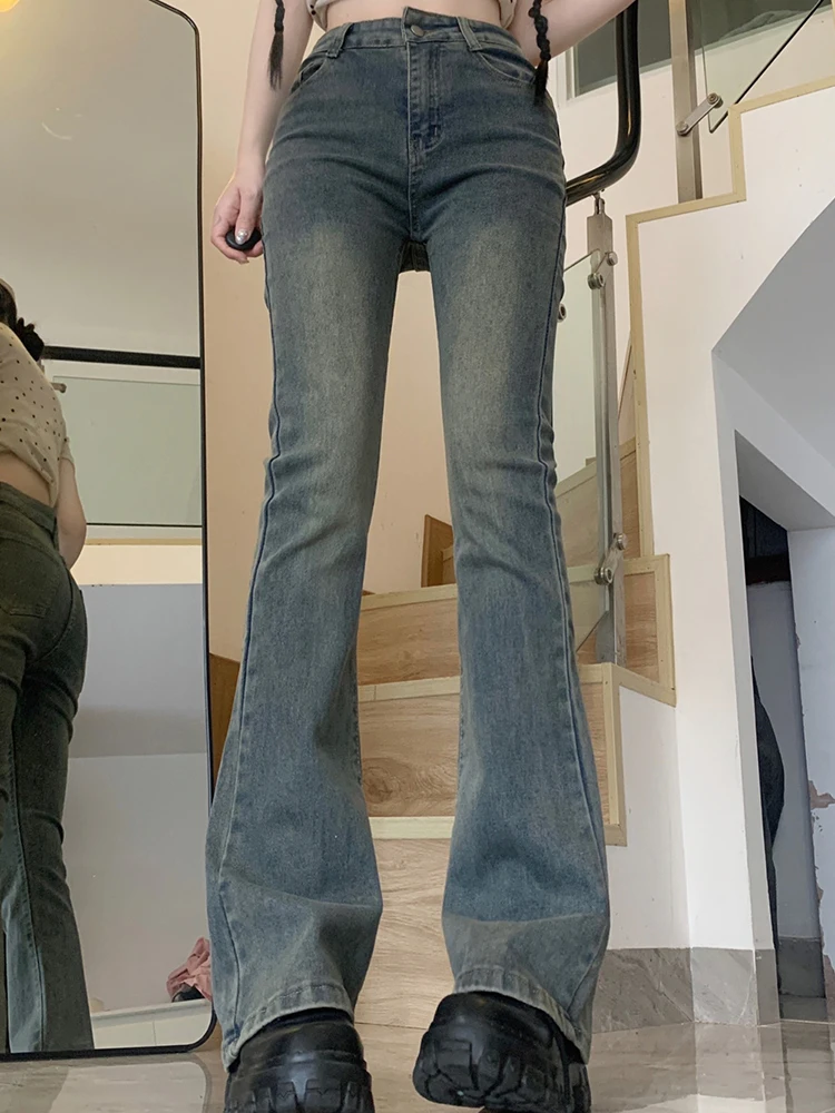 Women Korean Retro High Waist Slim Fit Flare Jeans Female 2000s Style Y2k Denim Stacked Pants Girls Gray Bell Bottom Trousers