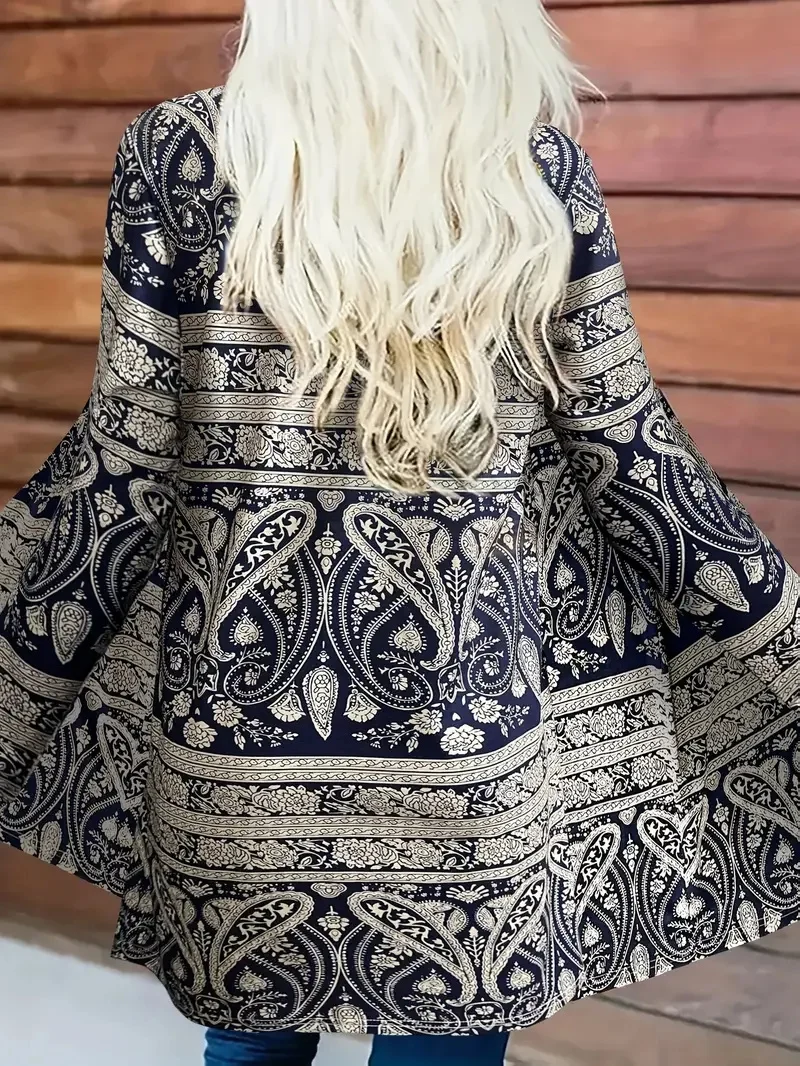 Women's Fashionable Long-Sleeved Thin Patterned Printed Cardigan Without Buttons