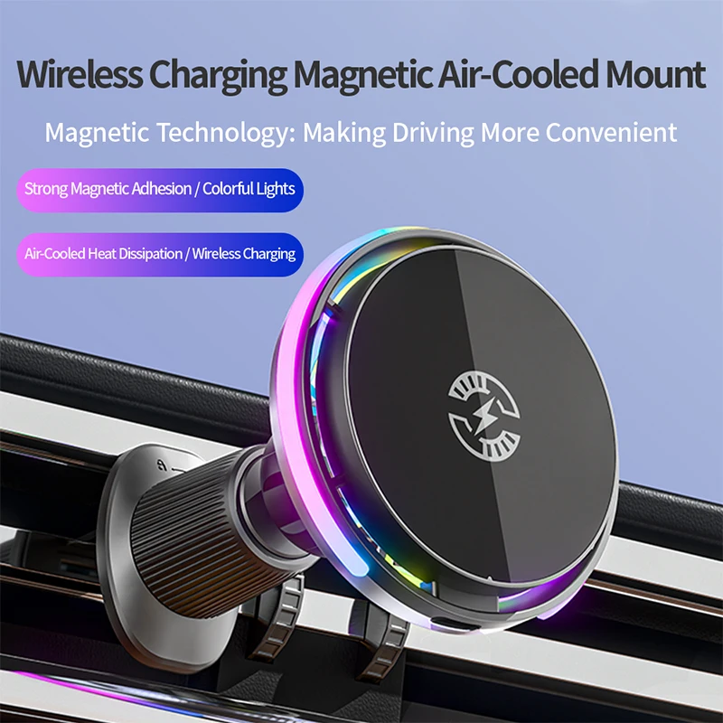15W Fast Wireless Car Charger w/ Active Cooling & RGB Light, Magnetic Air Vent Mount for iPhone 12-17/Android