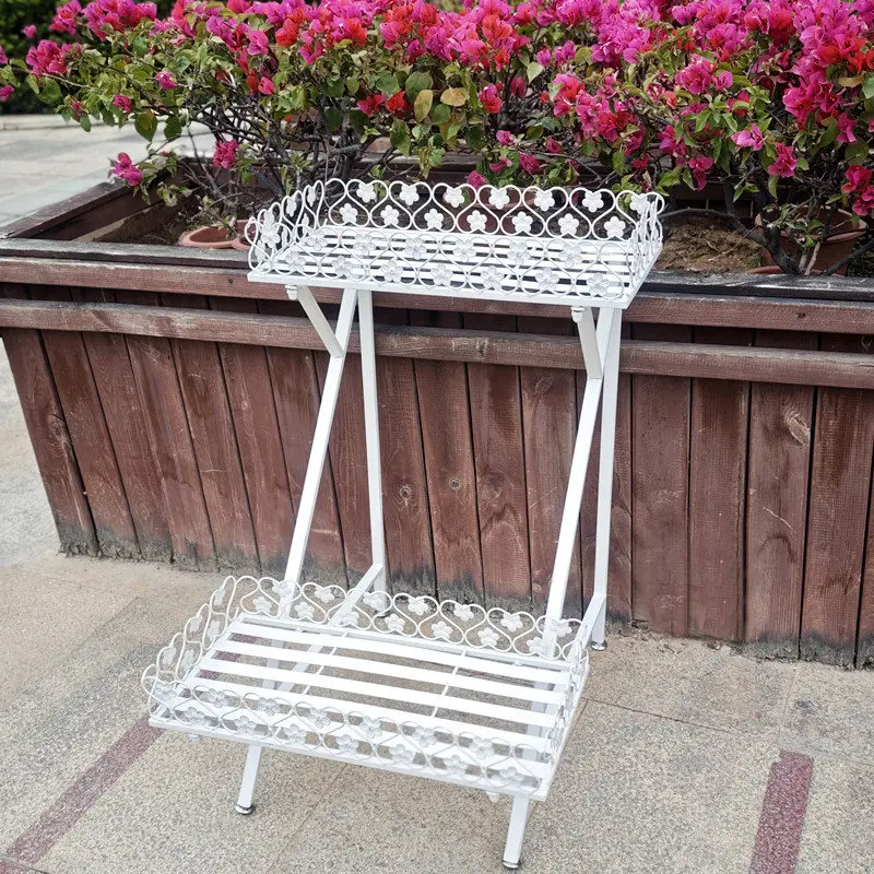 Wrought iron double-layer flower stand, italic ladder, garden groove, compartment storage basin, floor elevation, indoor and out