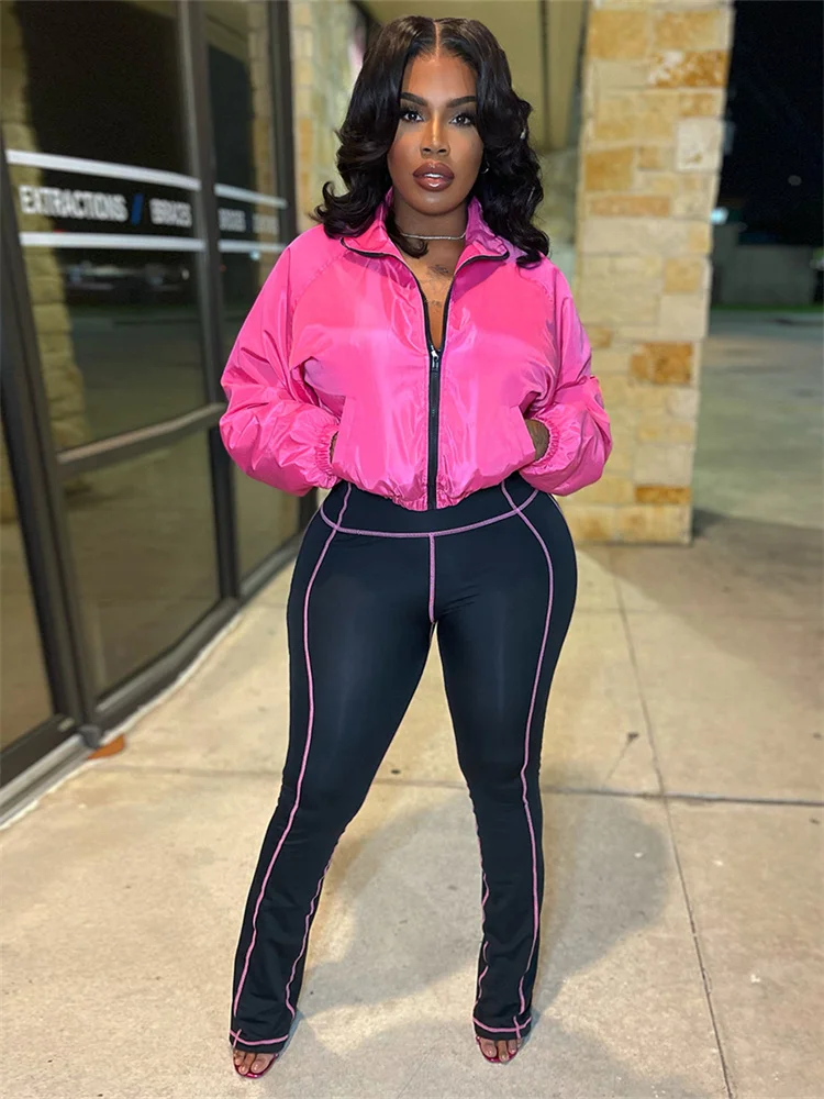 Cutenew Sporty Women Trend Tracksuits 2-Piece Set Zip Jacket+Stripe Patchwork Stretch Pants Matching Simple Casual Silky Outfits