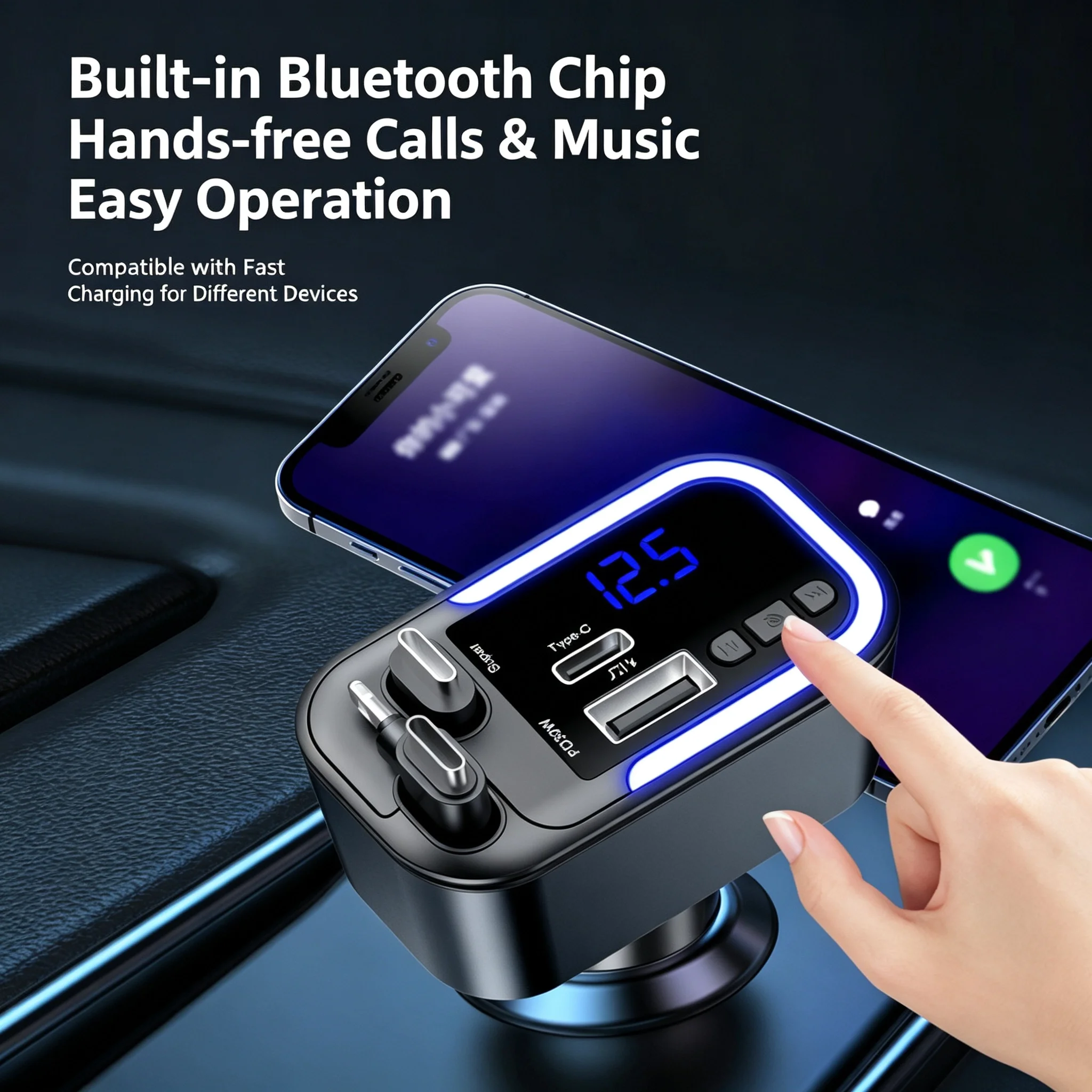 Bluetooth Car Charger with Rgb Lights and 29inch Retractable Cables; Cigarette Lighter Socket Super Fast Charger Pd 30W for Fast Charging; Bt 5.3 for Hands-Free Calls/Music; Auto Reconnection; Type-C Charger Compatible; Car Accessories; Automotive Supplies; Travel Essentials; Holiday Gifts.