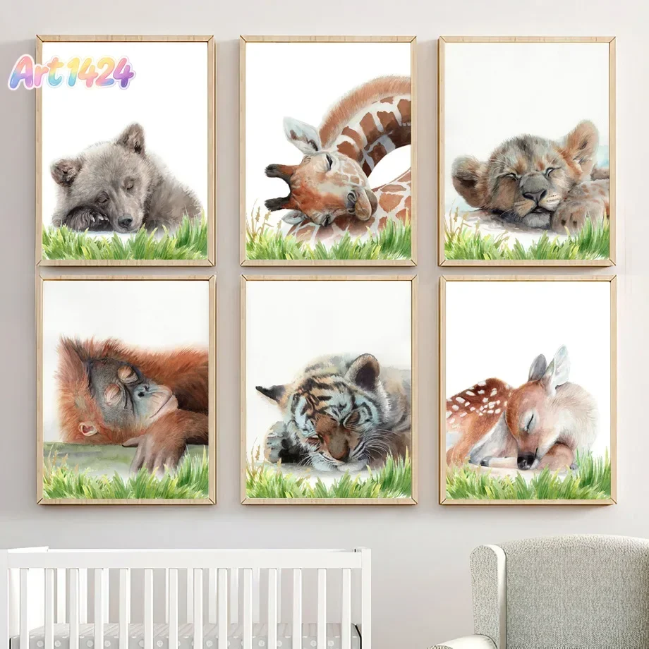 Bear Dreams of the Savannah – Sleeping Safari Watercolor Jungle Frameless Canvas Poster for Baby Kids Nursery Room Decor