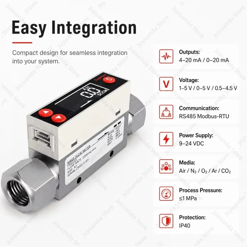 Digital Micro Gas Flowmeter OLED Display Thermal Mass Flow Meter 4-20mA 0-5V Output for Process Control
