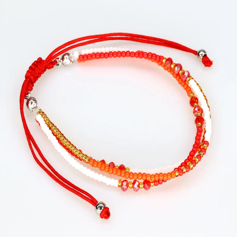 Red String Three-layer Multicolor Glass Seed Beads Handmade Adjustable Bracelet Women Orange White Corlorful Surf Jewelry Gift