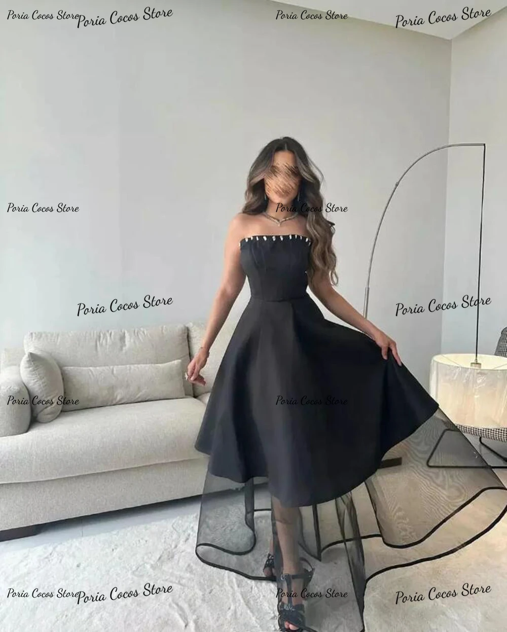 A-line Sleeveless Prom Gown Strapless Sexy Backless Black Evening Dresses Temperament Formal Party Dress فساتين سهرة فخمه