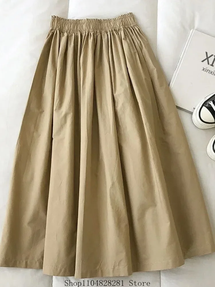 Women White Long Skirt Fashion Pockets Pleated Knee Length Skirts Autumn 2024 New Casual Elegant High Waist A Line Femme Skirts
