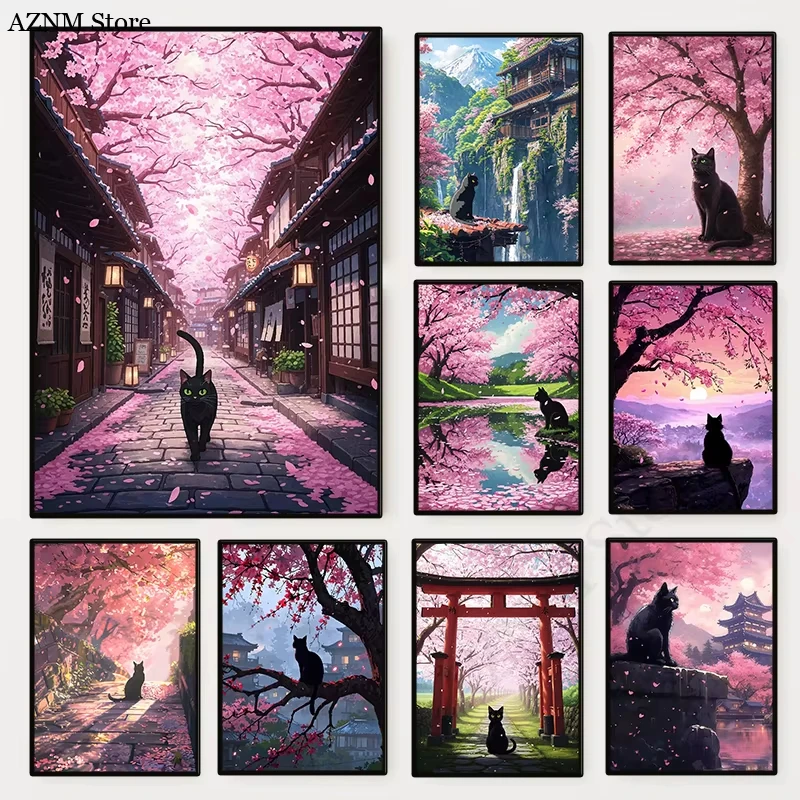 quebra-cabeca-de-1000-pecas-gato-preto-e-Arvore-de-flor-de-cerejeira-japonesa-sakura-arte-para-alivio-do-estresse-decoracao-de-parede-presente
