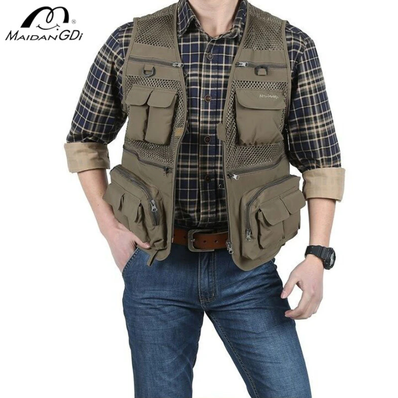 MaiDangDi Spring/Summer Men\'s Mesh Work Vest Work Style Multi Pocket Decorative Jacket Extra Large Men Top Daily Casual Coat