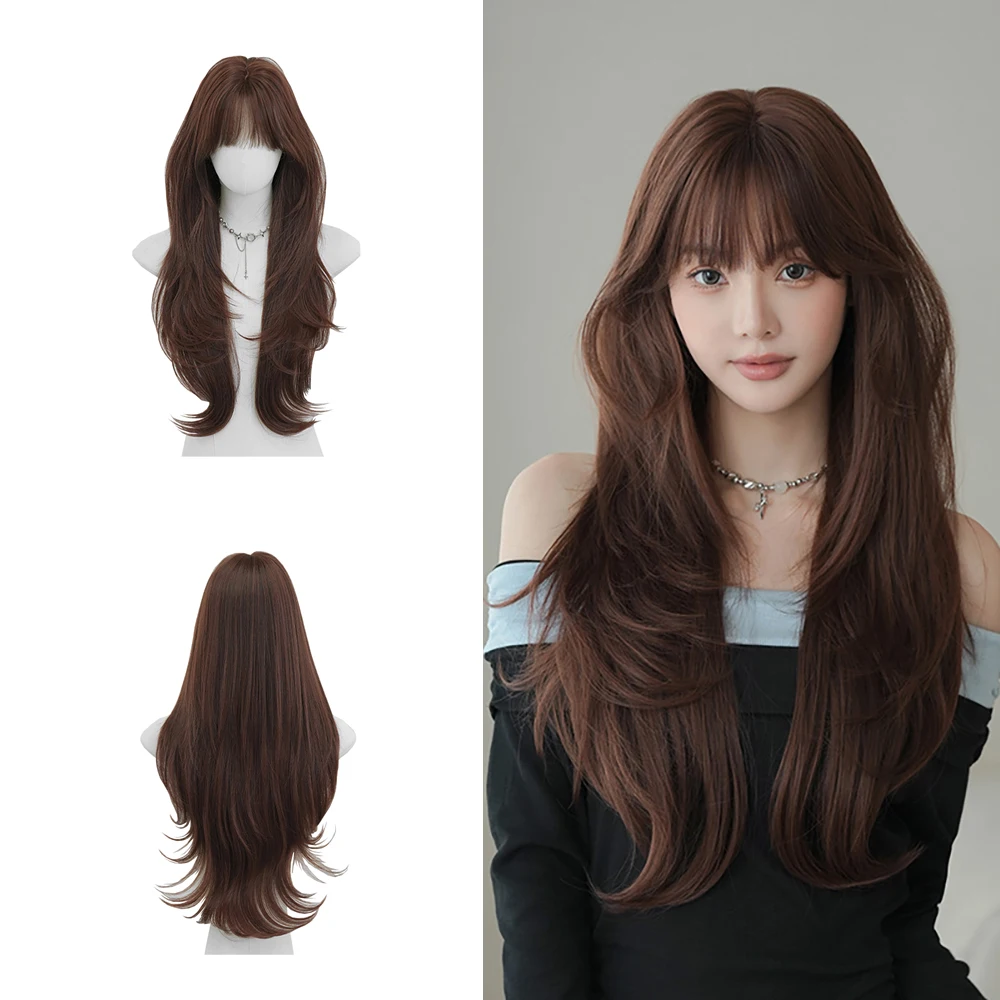 

High-Quality Reddish-Brown Wavy Synthetic Long Curly Bangs Are Suitable For Women'S Daily Party Fluffy And Heat-Resistant Wigs