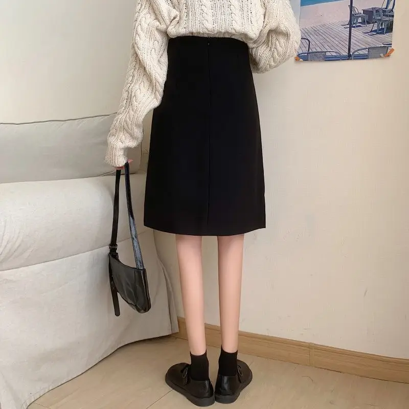 Autumn and Winter Women's Solid Colors High Waist Loose Woolen Bag Hip A-Line Irregular Button Fashion Casual All-match Skirt