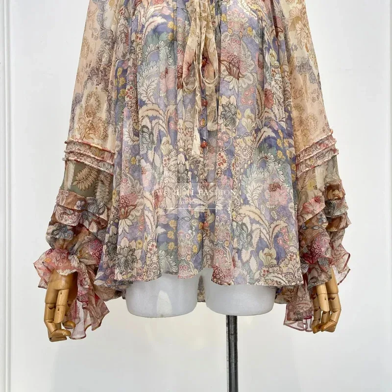 2025 신상 패션 브라운 바이올렛 플로럴 프린트 긴팔 블라우스 탑