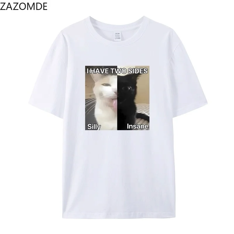 ZAZOMDE Funny Humor Graphic Tshirt Two Personality Cat Meme Pattern Silly Insane Text Print Vintage Casual Cotton Short Sleeve