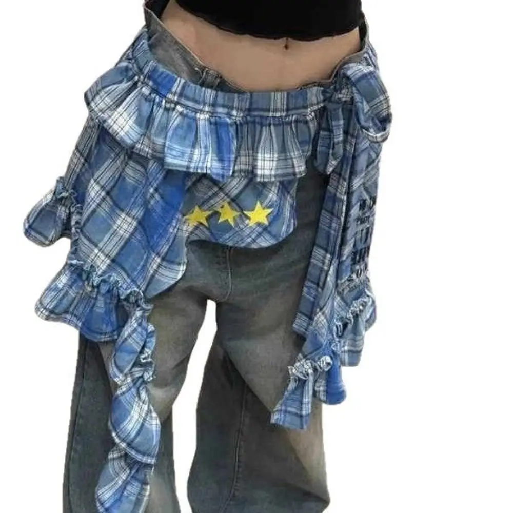 Jeans Broek Decor Gepersonaliseerde Kanten Minirok Onregelmatige Y2K Streetwear Ruches Rokken Zien Door Harajuku Butt Gordijn