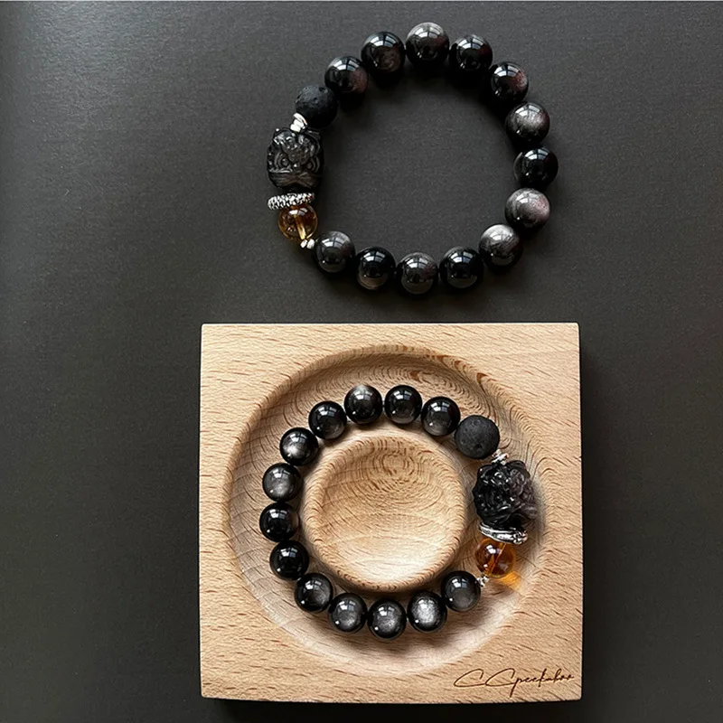 Mens Two Piece Bracelet Set Black Obsidian with Carved Pendant Natural Stone Beads Elastic Stackable Wrist Jewelry