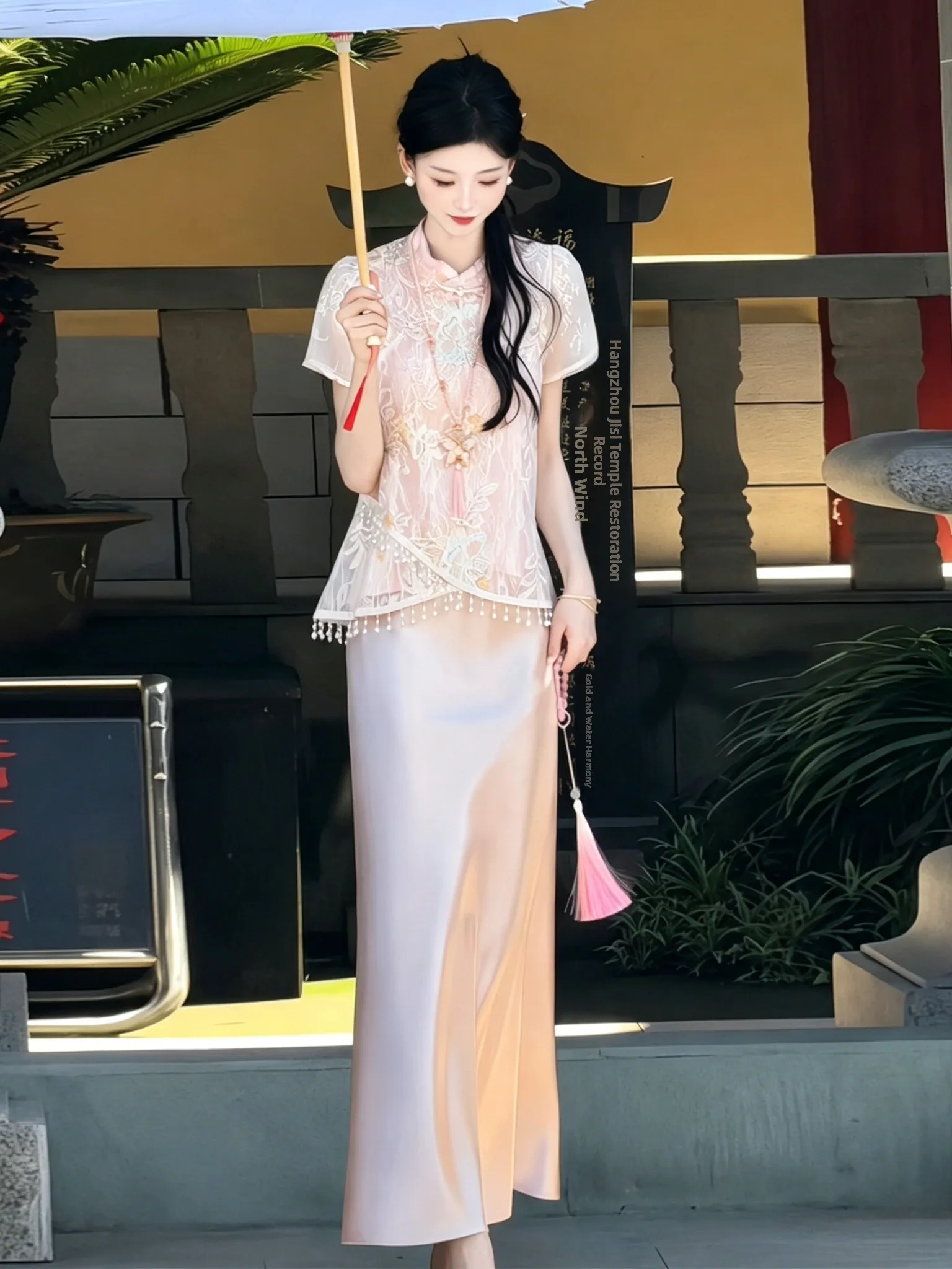 plus Size Women's Beautiful Embroidered Traditional Chinese Style Two-Piece Set Autumn Fashion High Waist Skirt Short Sleeve Top