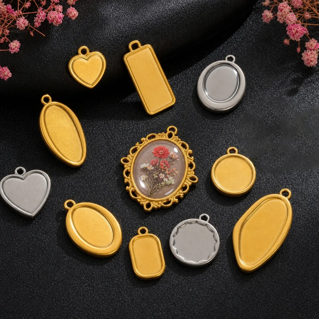 5 Stück/Set Edelstahl Ovale Mondrahmen Blanko-Lünetten DIY Ohrringe Geometrischer Herzanhänger Basis Charms Halskette Schmuckherstellung – Detail 1