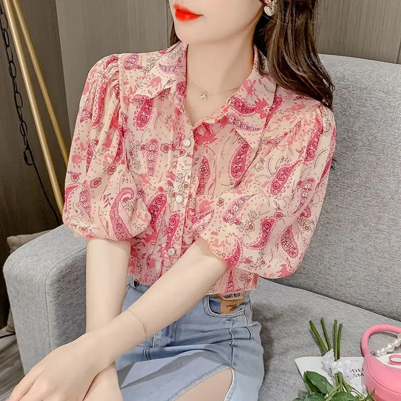 Summer Woman Clothes French Romantic Fashion Style Chiffon Shirt Top Polo-neck Puff Sleeve Floral Chic Elegant Popularity Casual