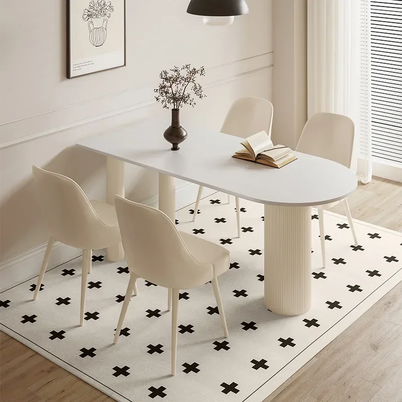 Island table  simple against the wall eating  pure white rock board dining table and chairs