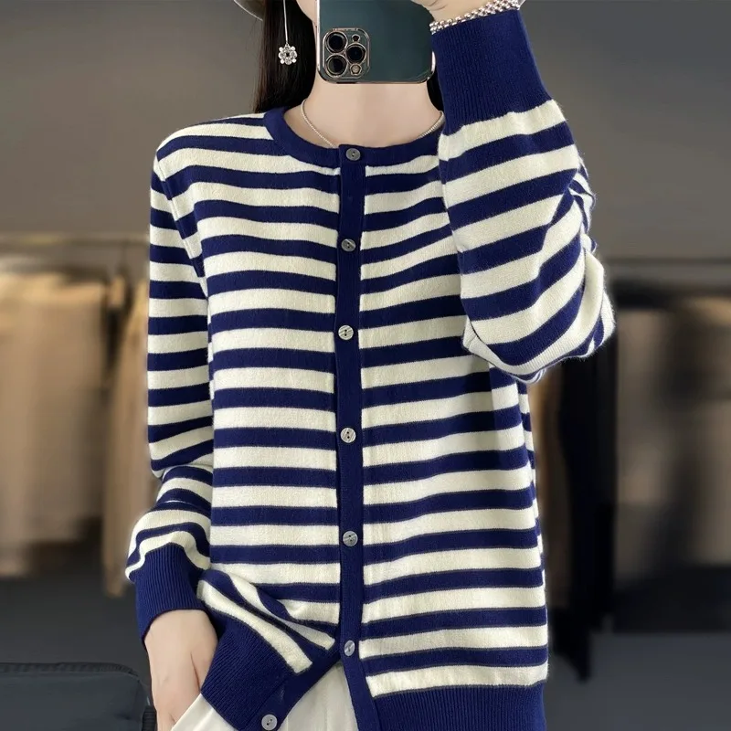 سترة نسائية مخططة طويلة محبوكة مفتوحة من الأسفل سترة خارجية مستديرة Ne فضفاضة للخريف والشتاء غير رسمية للعمر...