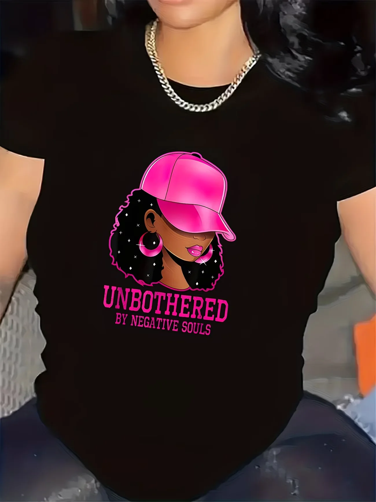 Unbothered Graphic Women's T-shirt Design Casual Wear in Living Room Comfortable Fabric Stylish Pink Cap Illustration Tops Tee