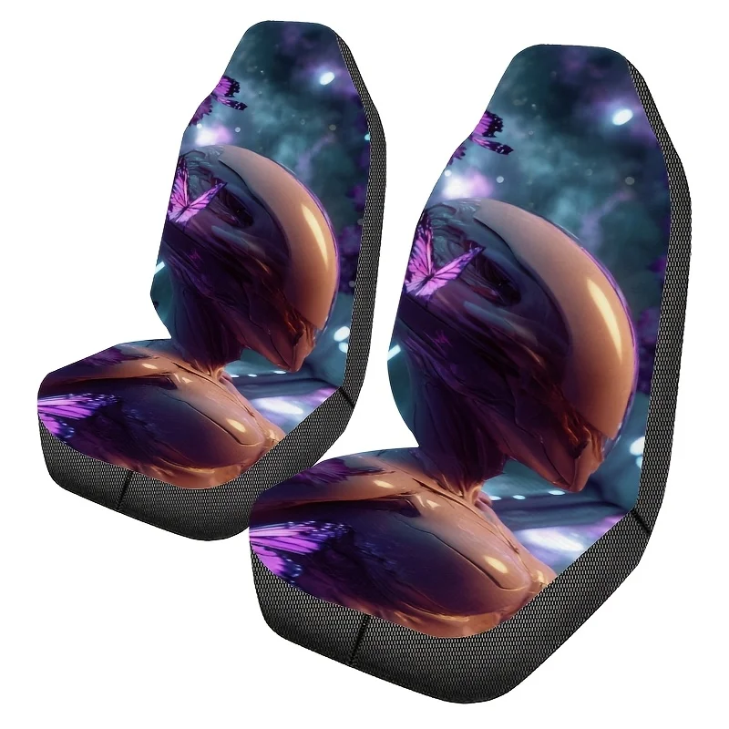 2pcs Iridescent Alien Creature And Pink Butterfly Print Car Seat Covers, Easy-Clean Unisex Front Seat Protectors, Fashionable C