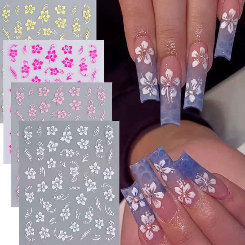 5D Hibiscus Flower Nail Gravado Adesivo, Acrílico, Branco, Rosa, Pétala de Ouro, Folha, Decalque Adesivo, Borboleta, Dragão Floral, Decoração Elegante