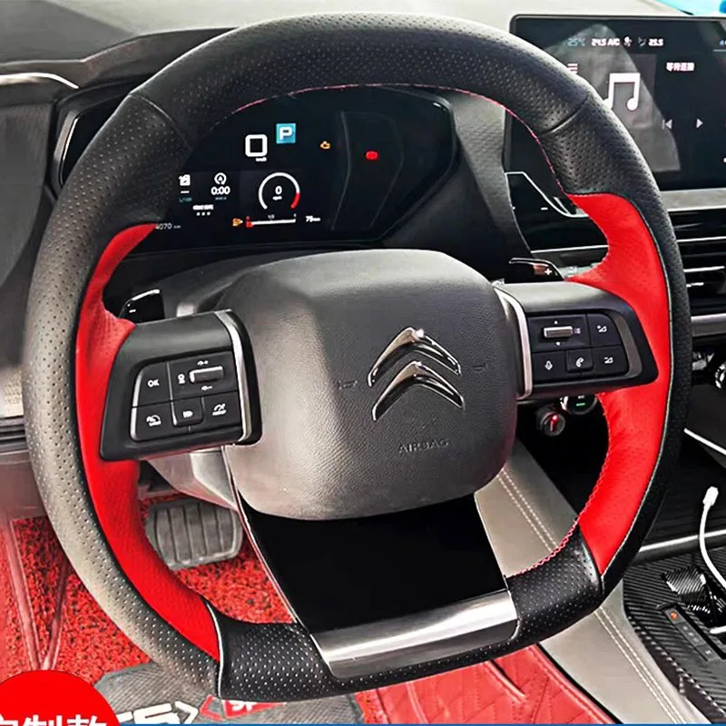 

For Citroen C5 X C5X 2021-2023 Hand-Stitched Non-Slip Black red genuine Leather Sports style Car Steering Wheel Cover