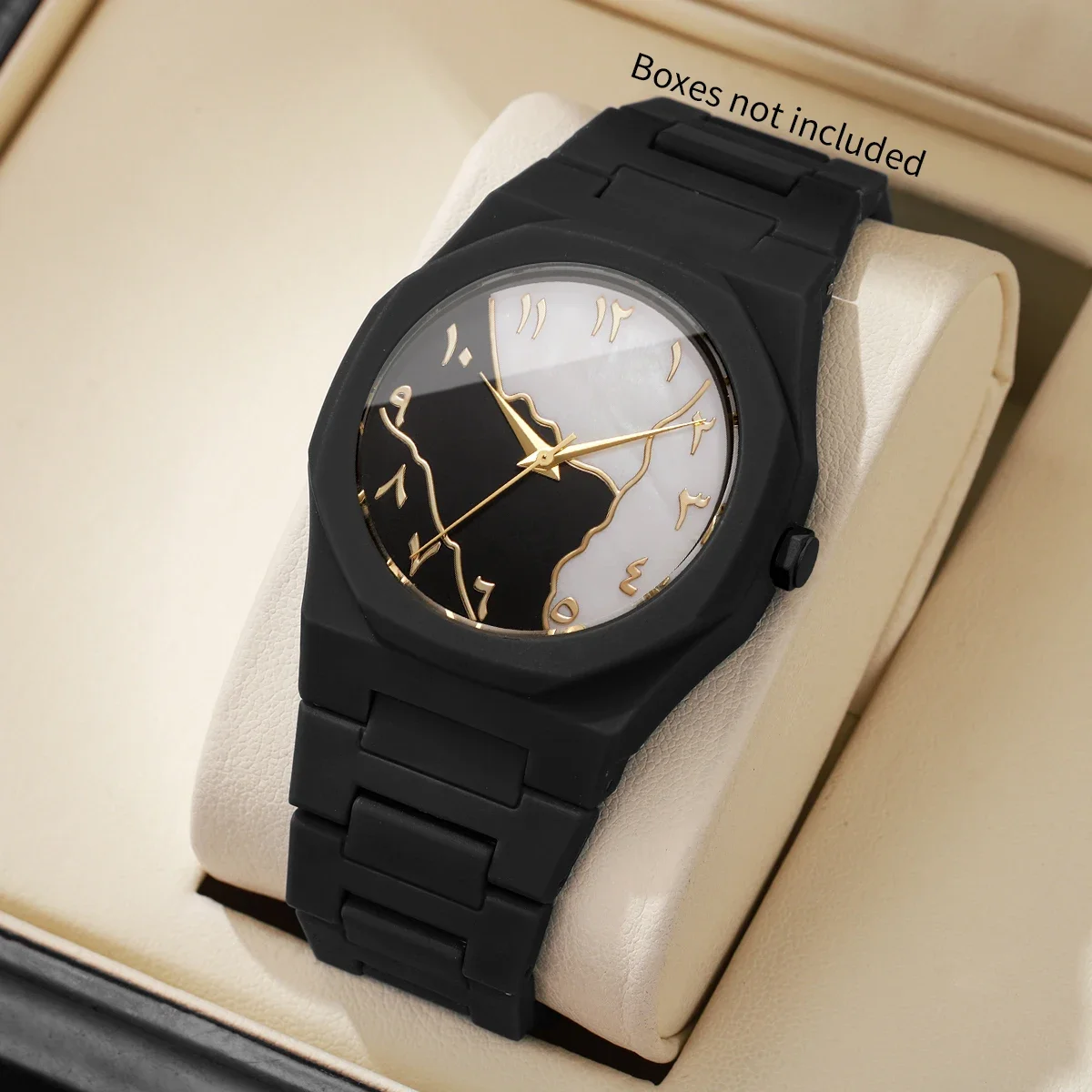 Fashio Marble Texture Men Quartz Watch Black Arabic Dial Plastic Band Unisex Wristwatch Clock Relogio Masculino（Without Box）