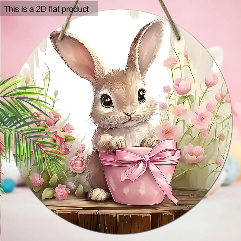 2D Flat 1pc Easter Spring Gray Rabbit Pink Tulip Lily Flower Bow Bamboo Basket for Lover Gift Flat Wood Porch Wreath Hanging Pri