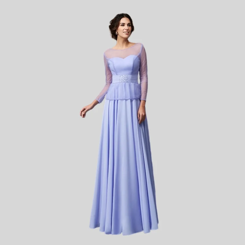 

Sky Blue Mother Of The Bride Dresses A-line 3/4 Sleeves Chiffon Beaded Plus Size Long Groom Mother Dresses For Wedding