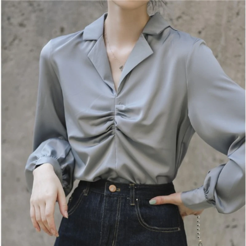 Retro Women Long Sleeved Satin Shirt Folds Design Chic INS Shirts New Lady's Loose V Neck Korean Hong Kong Style Blouse Tops