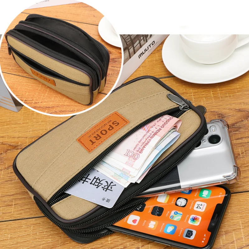 Multi Layer Men Phone Pouch Belt Waist Bag Fanny Pack Canvas Purse Small Pocket Design Belt Pouch Purse Bag for Phone